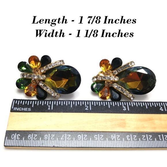 Vintage Austrian Crystal Handset Clip Earrings, New on Card, 1 7/8 Inches - Picture 4 of 5